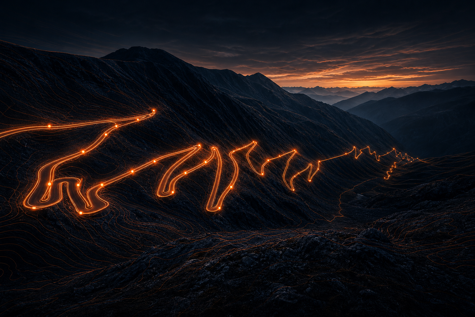 Orange mountain route with many curves and waypoints