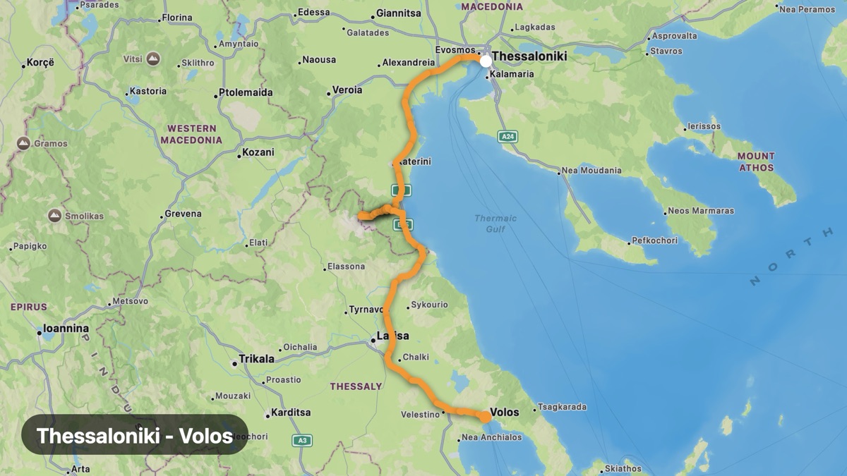 Map of the Thessaloniki to Volos ride motorcycle route