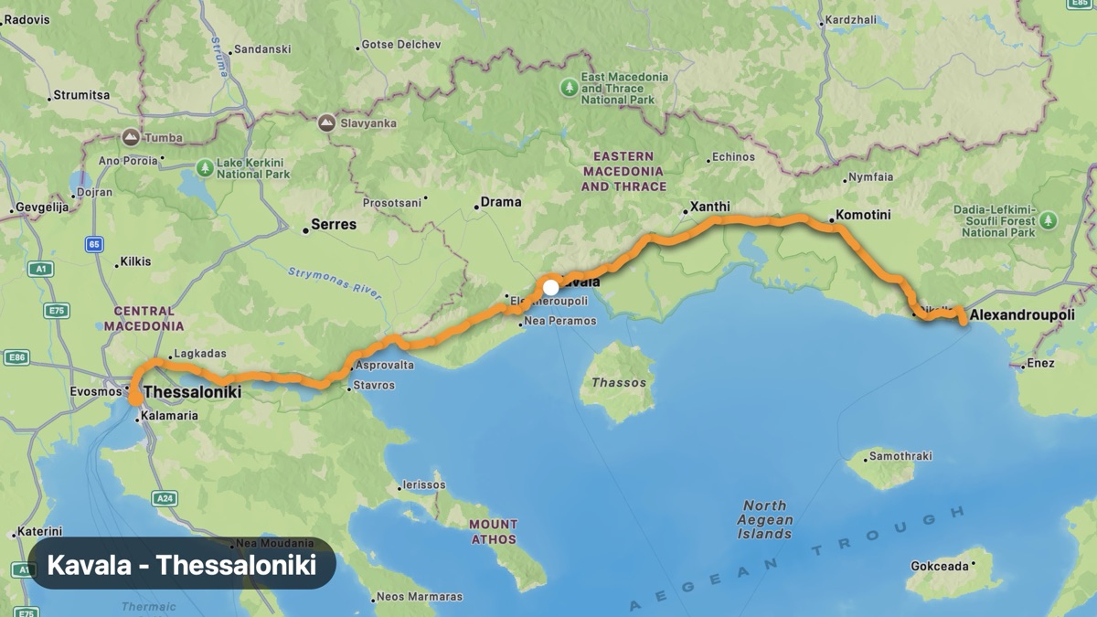 Map of the Kavala to Thessaloniki ride motorcycle route
