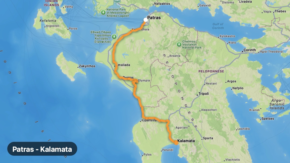 Карта на мото маршрута Патра - Каламата