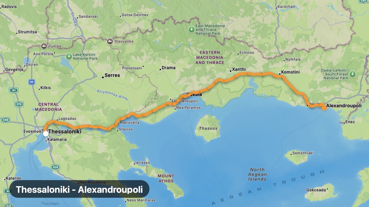 Карта на мото маршрута Солун - Александруполис