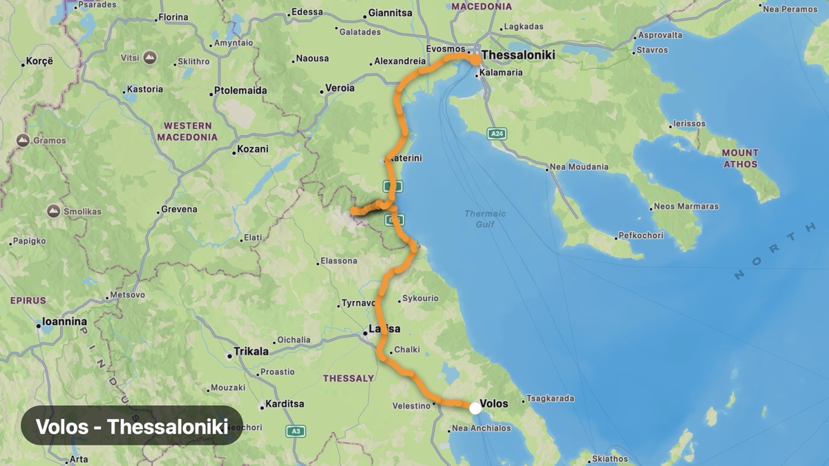 Map of the Volos to Thessaloniki ride motorcycle route