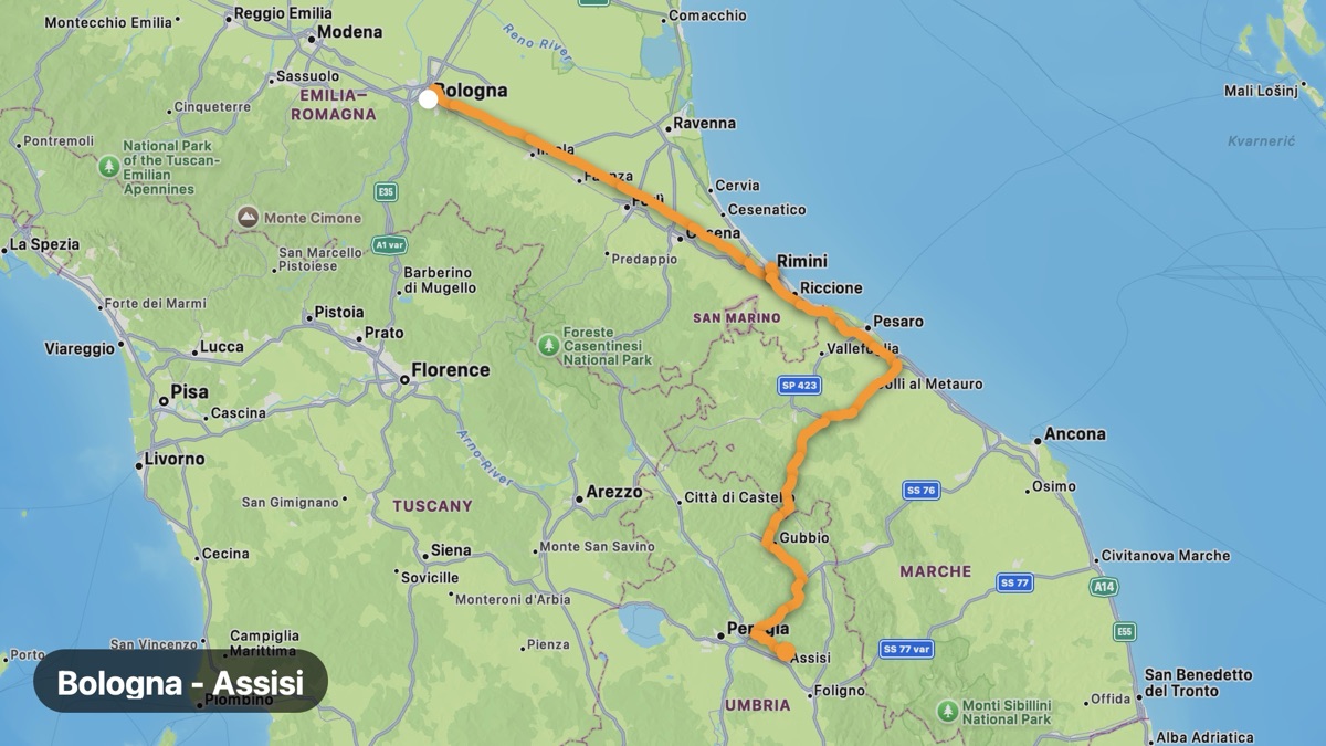 Map of the Bologna to Assisi ride motorcycle route