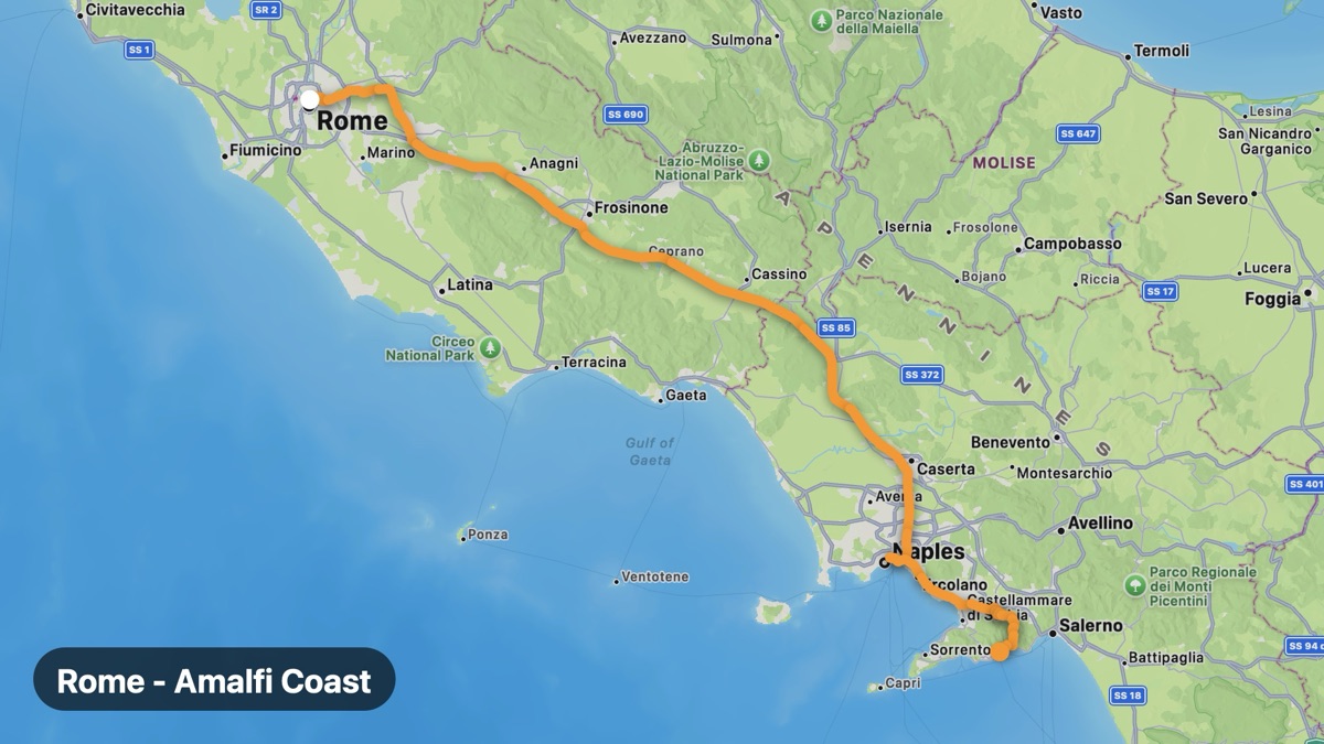 Map of the Rome to Amalfi Coast ride motorcycle route