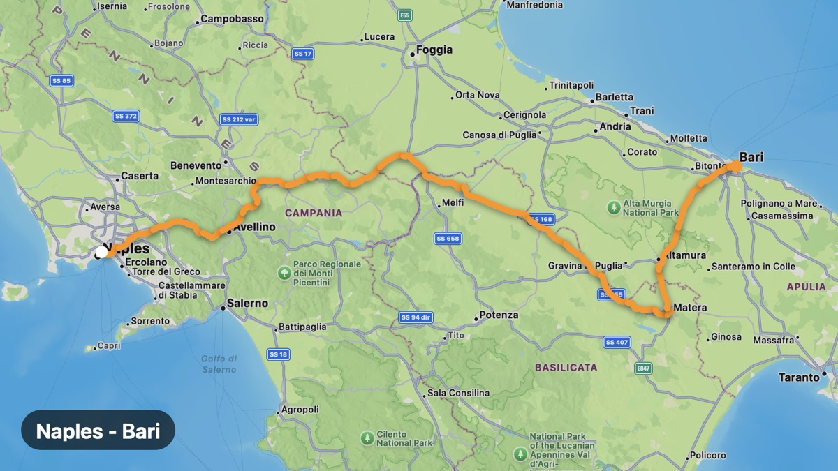 Map of the Naples to Bari ride motorcycle route