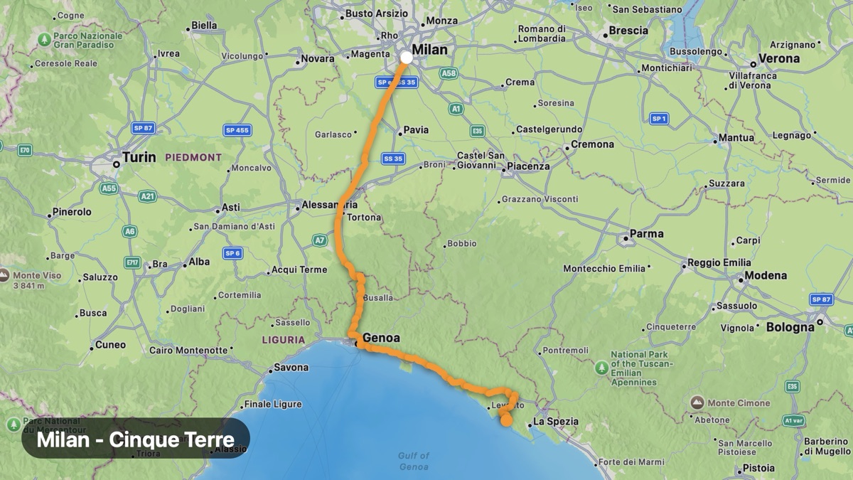 Map of the Milan to Cinque Terre ride motorcycle route