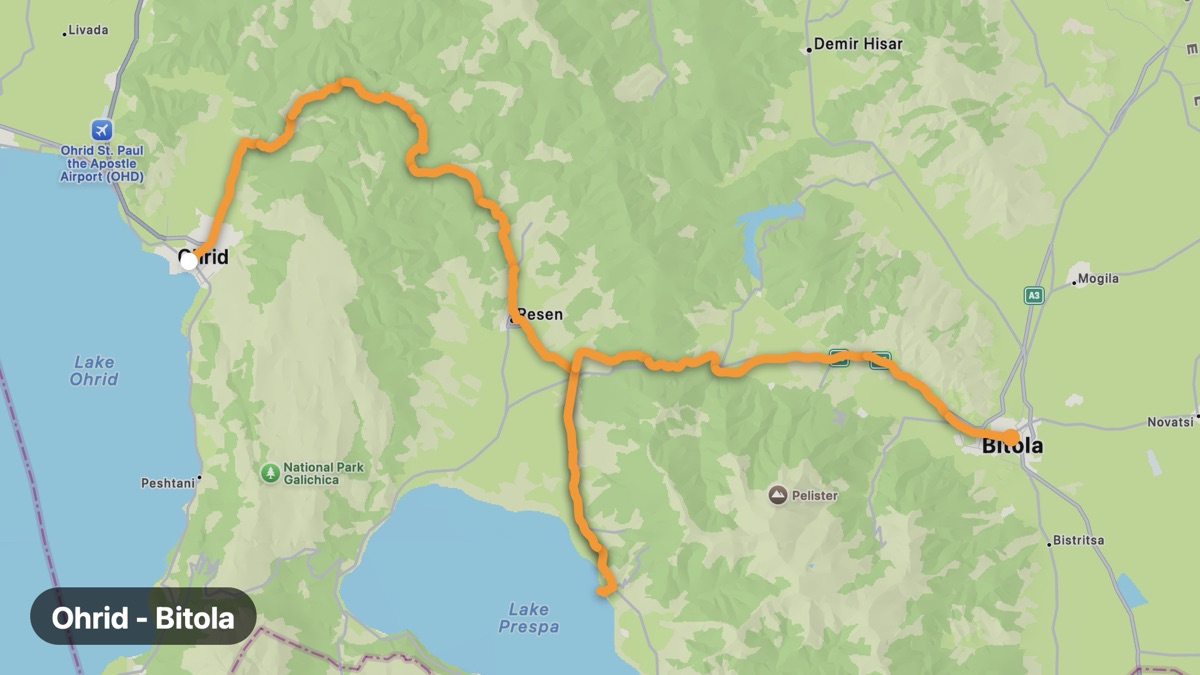 Map of the Ohrid to Bitola ride motorcycle route