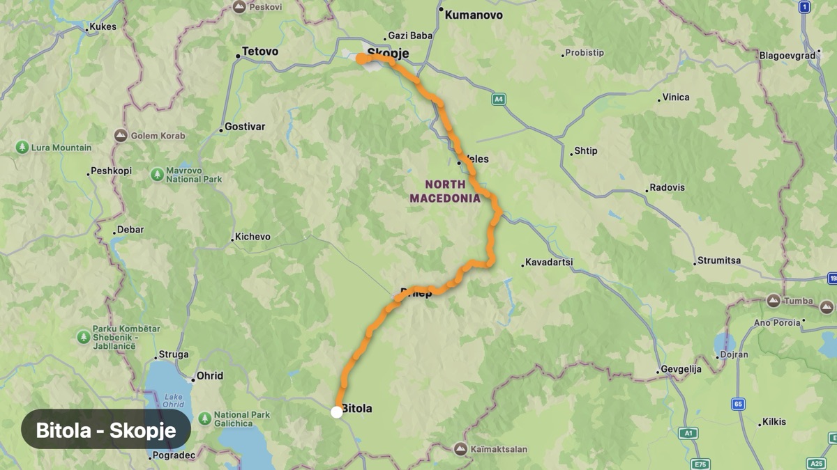 Map of the Bitola to Skopje ride motorcycle route