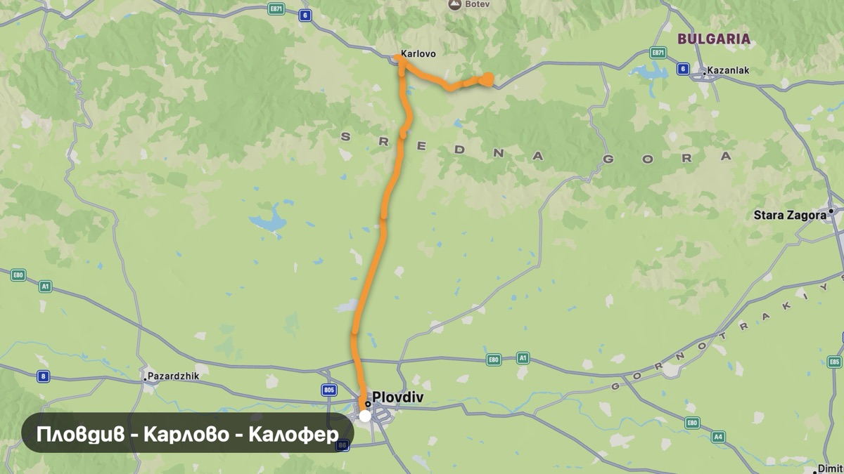 Карта на мото маршрута Пловдив - Карлово - Калофер
