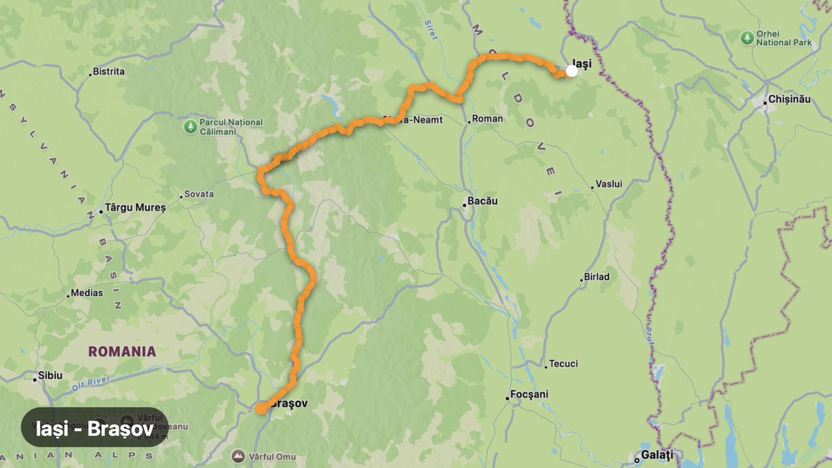 Map of the Iași to Brașov ride motorcycle route