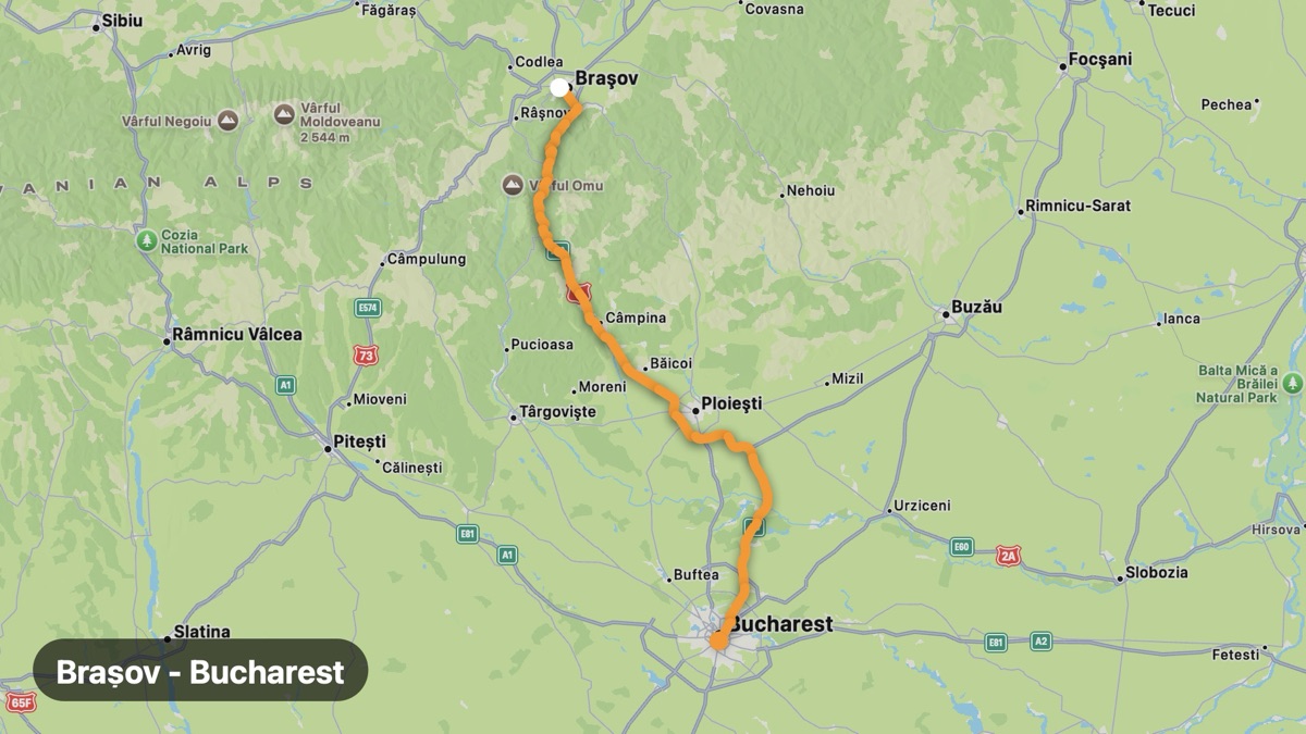 Map of the Brașov to Bucharest ride motorcycle route