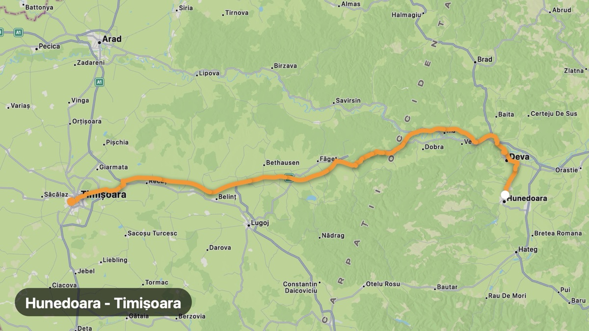 Map of the Hunedoara to Timișoara ride motorcycle route
