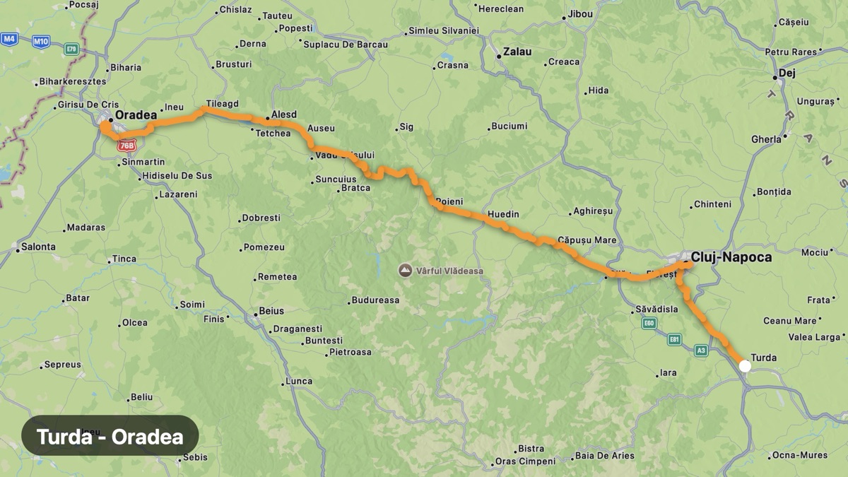 Map of the Turda to Oradea ride motorcycle route