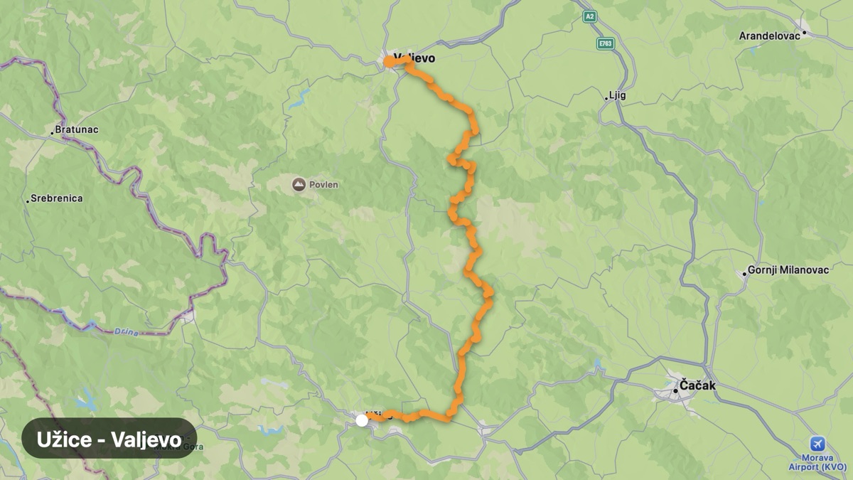 Map of the Užice to Valjevo ride motorcycle route