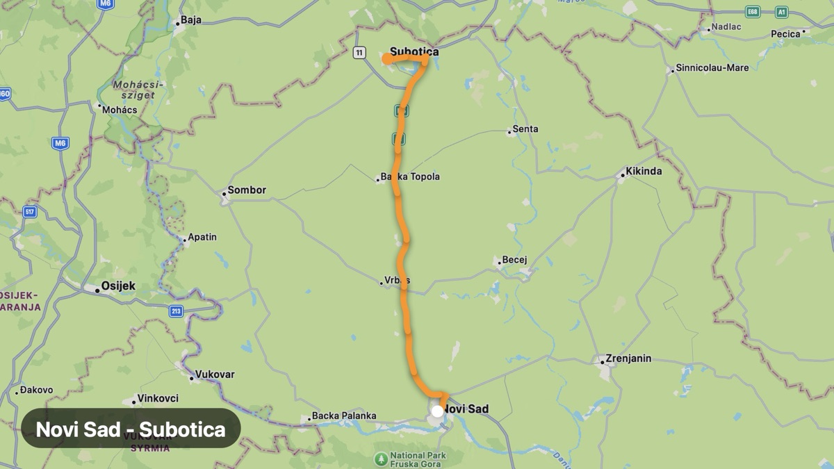 Карта на мото маршрута Нови Сад - Суботица