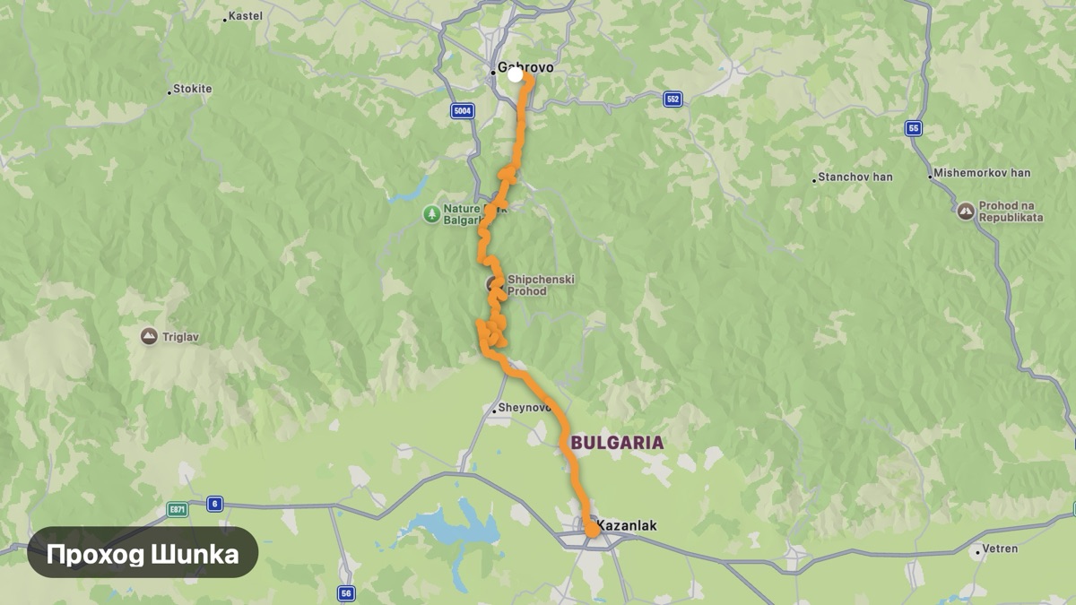Map of the Shipka Pass motorcycle route