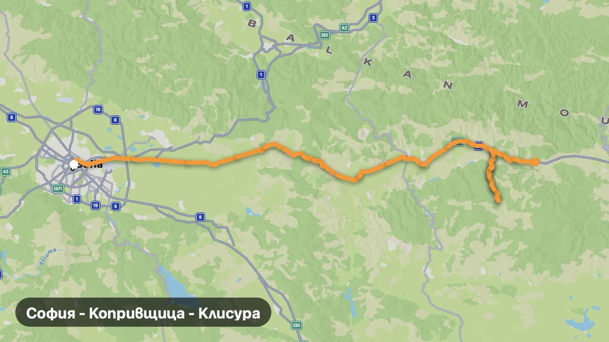 Карта на мото маршрута София - Копривщица - Клисура