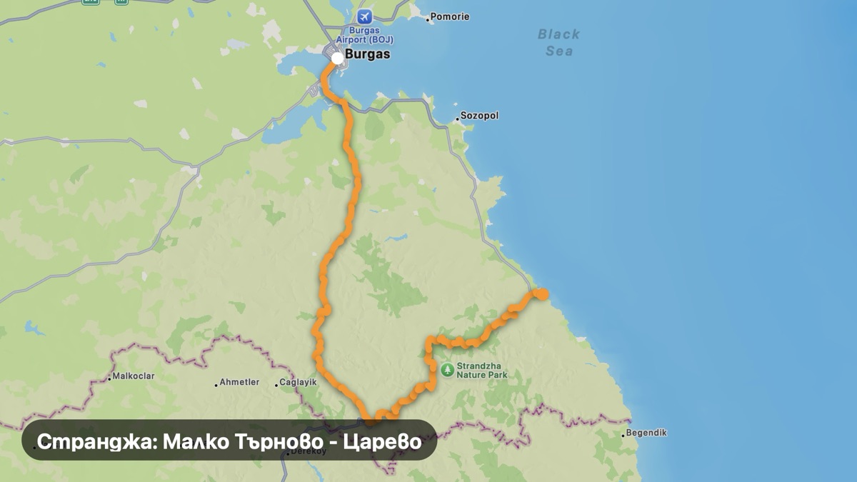 Карта на мото маршрута Странджа: Малко Търново - Царево