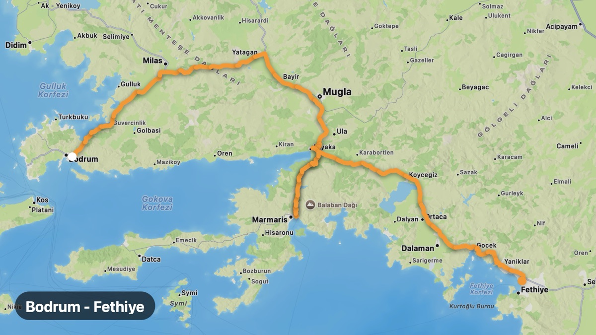 Map of the Bodrum to Fethiye ride motorcycle route