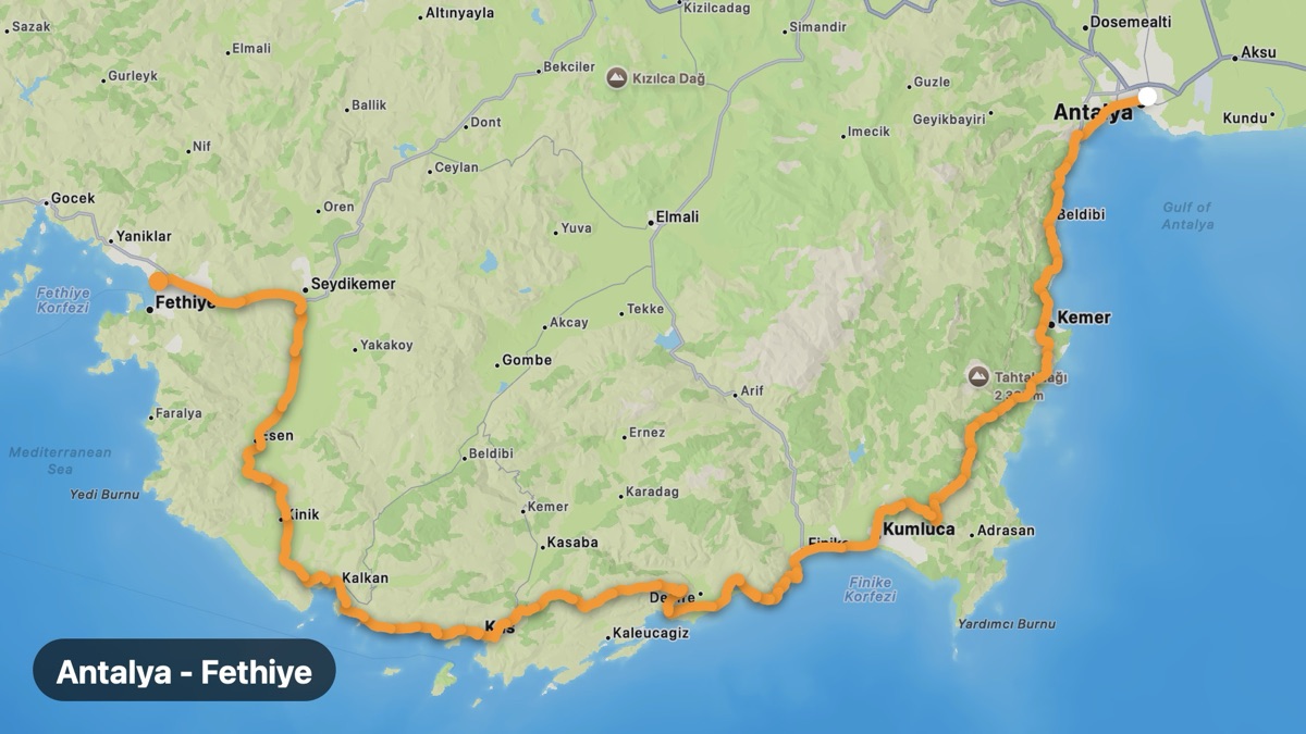 Map of the Antalya to Fethiye ride motorcycle route