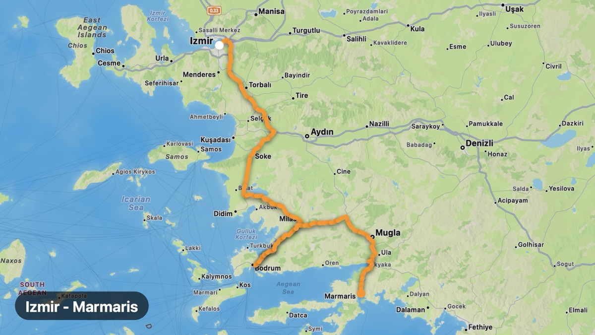 Карта на мото маршрута Измир - Мармарис