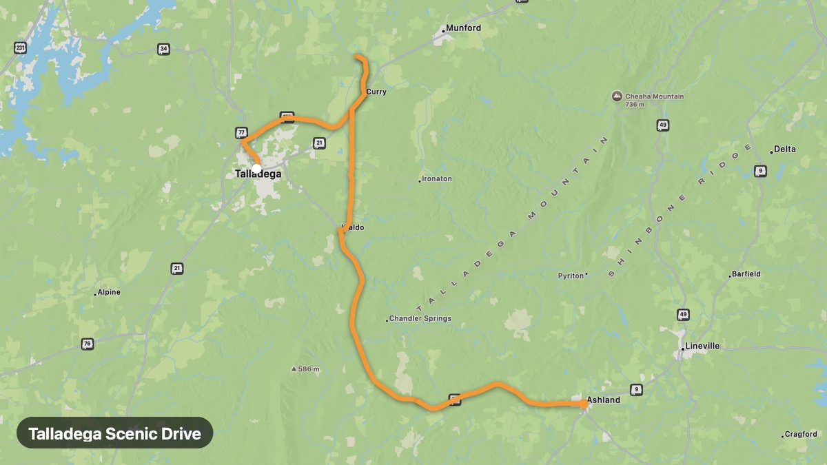 Map of the Talladega Scenic Drive motorcycle route