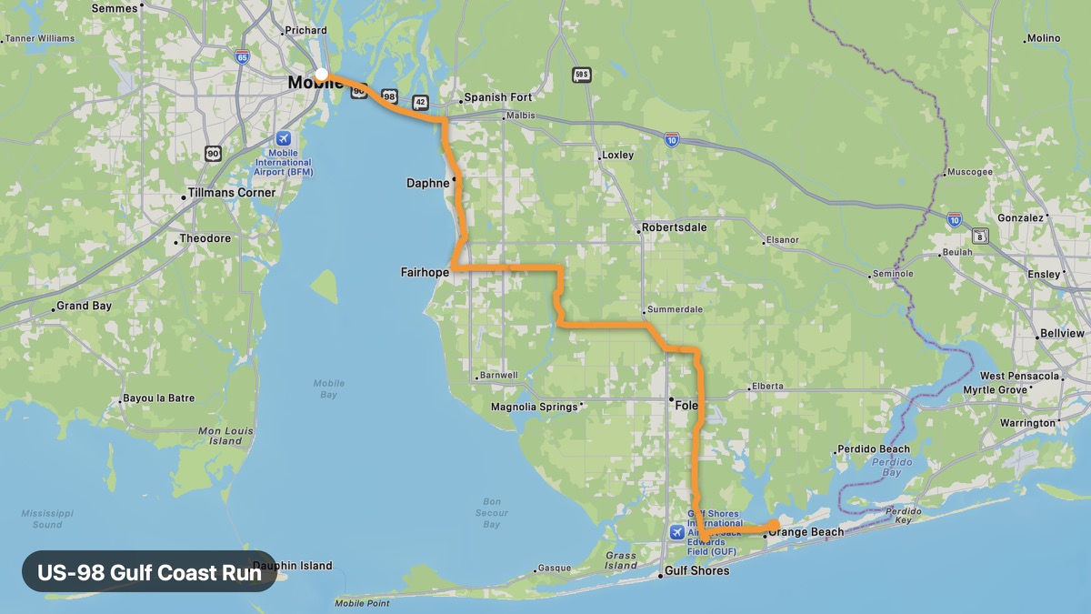 Map of the US-98 Gulf Coast Run motorcycle route