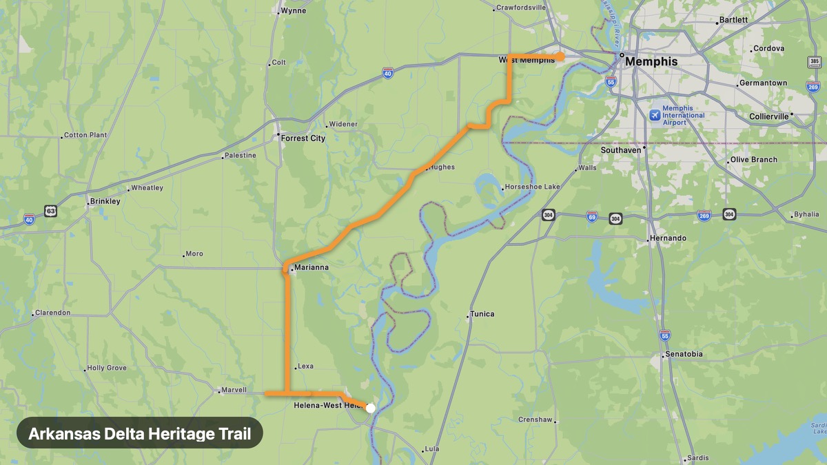 Карта на мото маршрута Arkansas Delta Heritage Trail