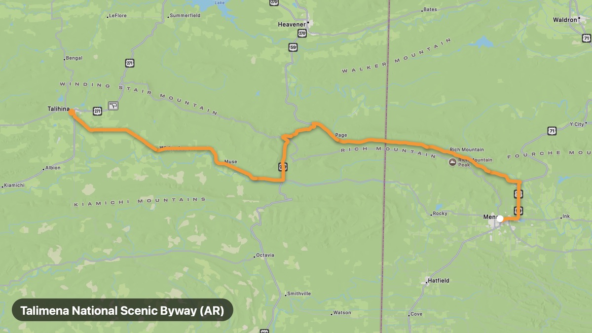 Карта на мото маршрута Talimena National Scenic Byway (AR)