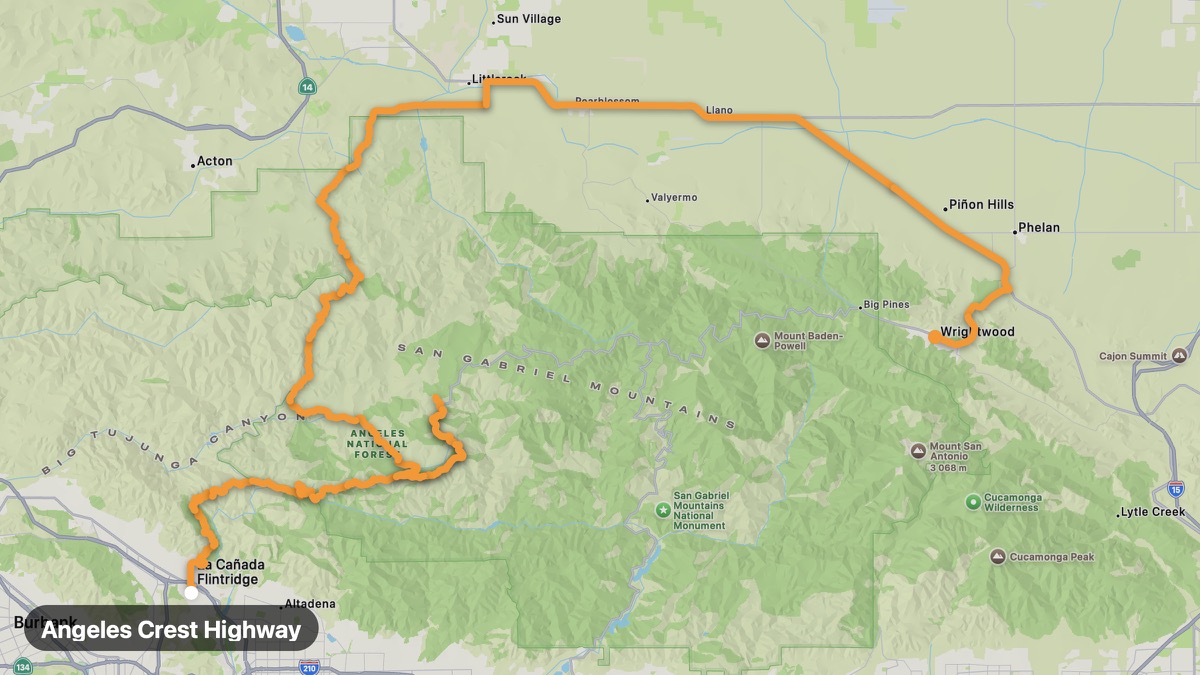 Map of the Angeles Crest Highway motorcycle route