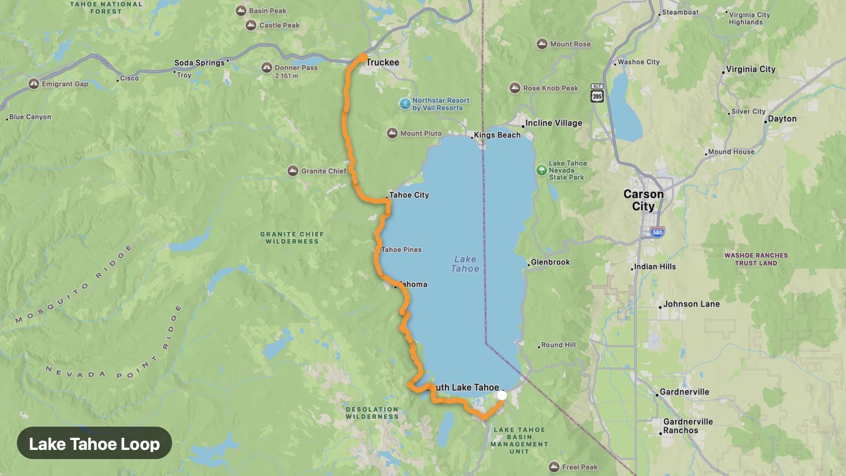 Карта на мото маршрута Lake Tahoe Loop