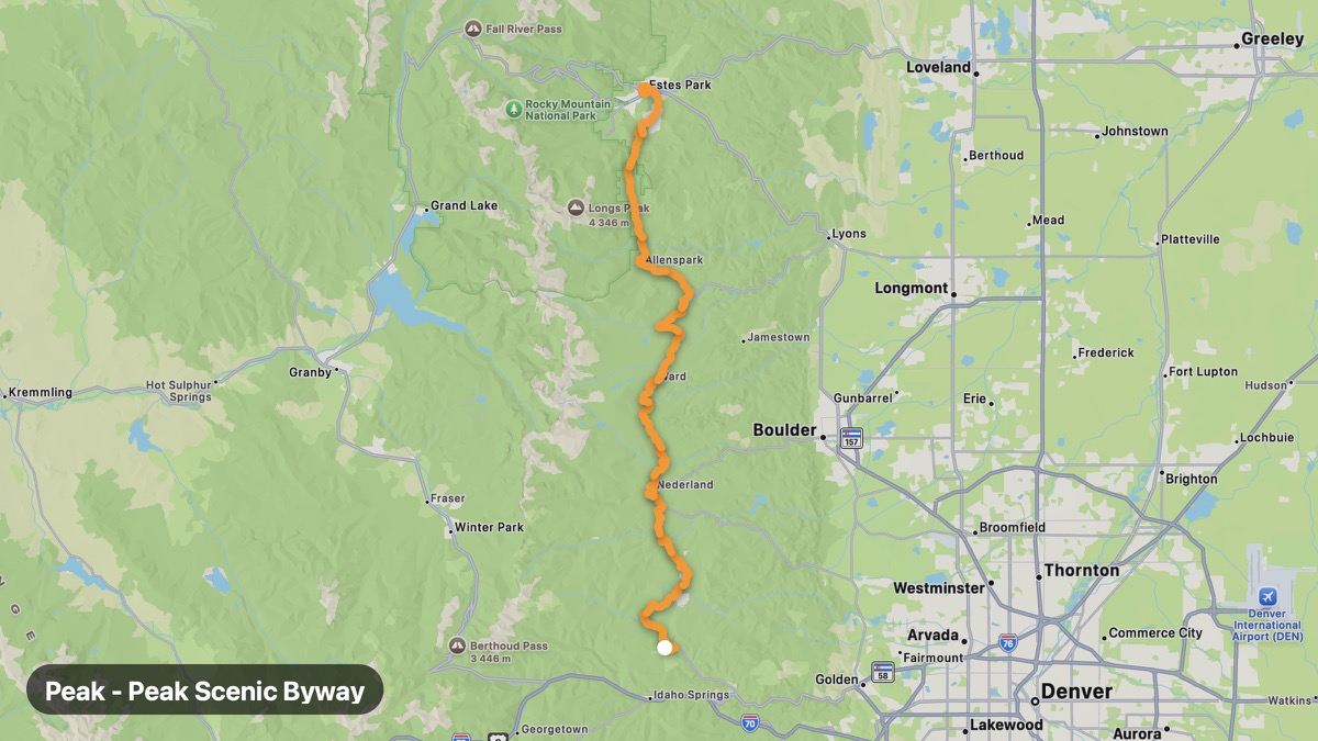 Карта на мото маршрута Peak to Peak Scenic Byway