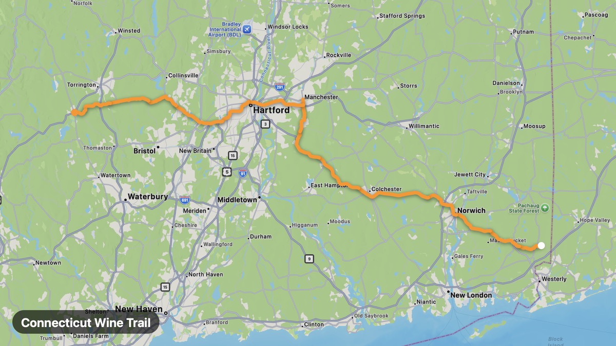 Карта на мото маршрута Connecticut Wine Trail