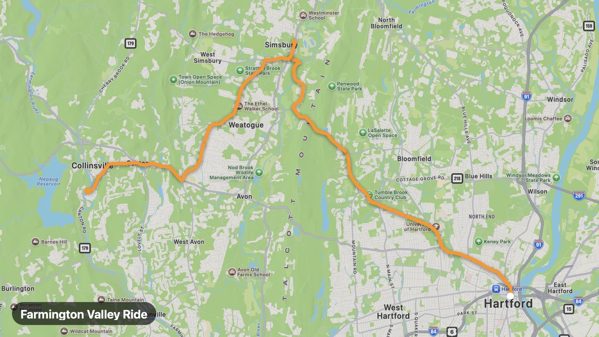 Карта на мото маршрута Farmington Valley Ride