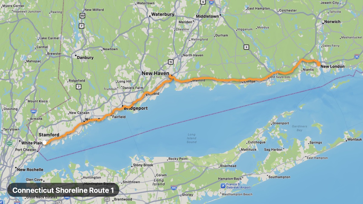 Карта на мото маршрута Connecticut Shoreline Route 1