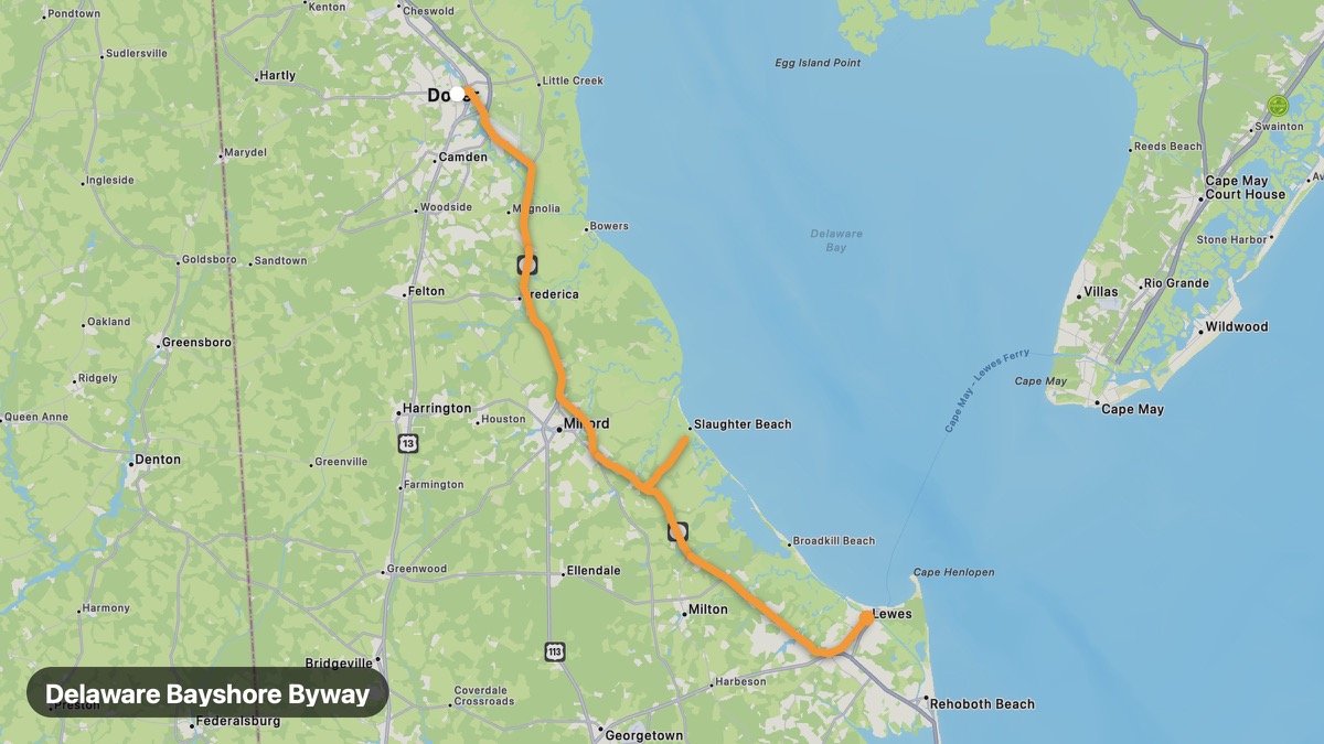 Карта на мото маршрута Delaware Bayshore Byway