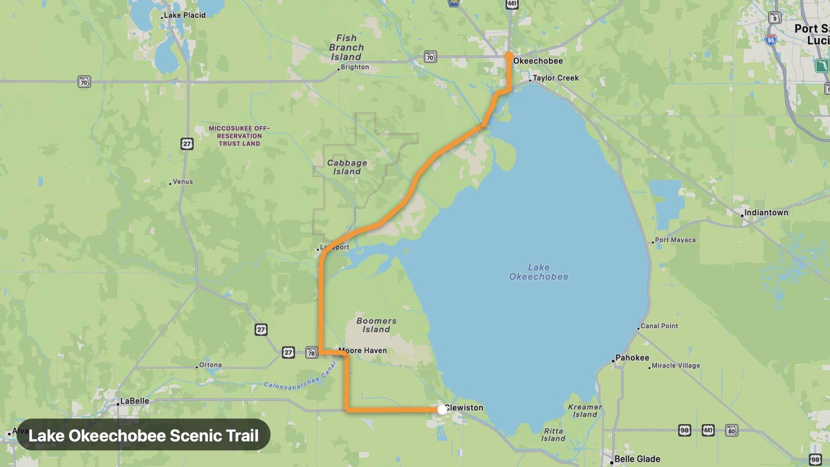 Map of the Lake Okeechobee Scenic Trail motorcycle route