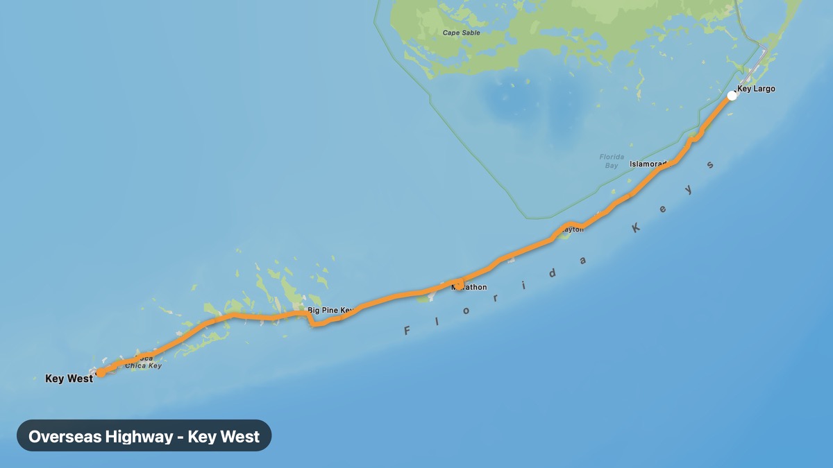 Карта на мото маршрута Overseas Highway to Key West