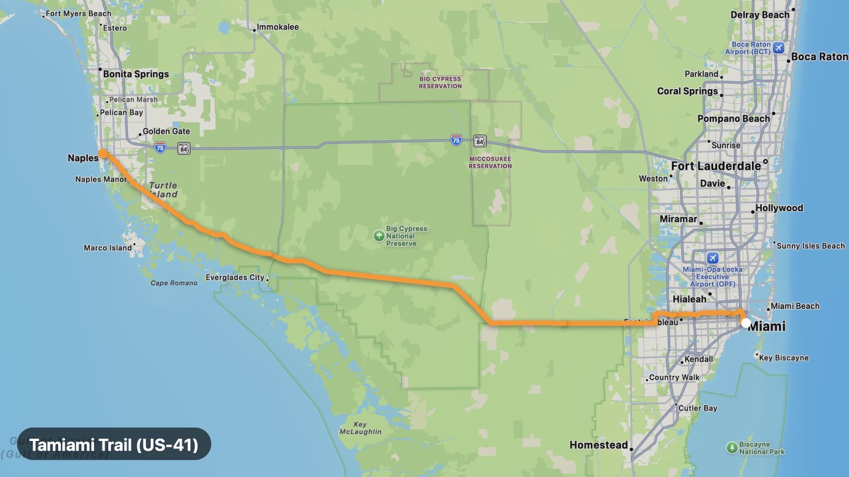 Map of the Tamiami Trail (US-41) motorcycle route