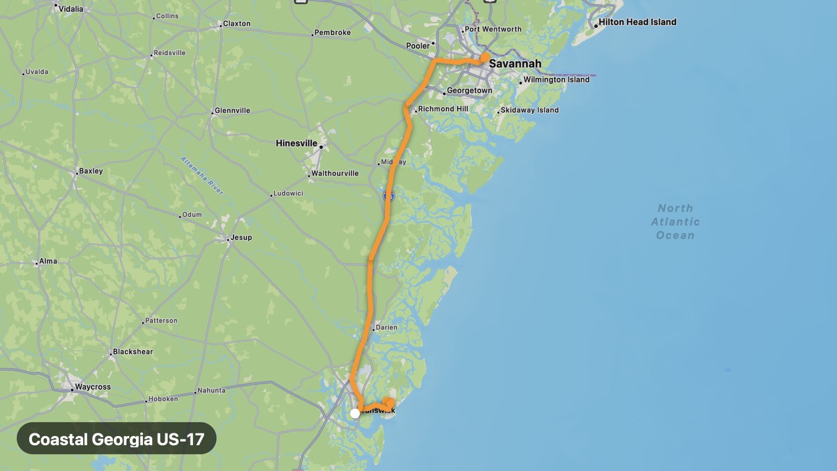Map of the Coastal Georgia US-17 motorcycle route