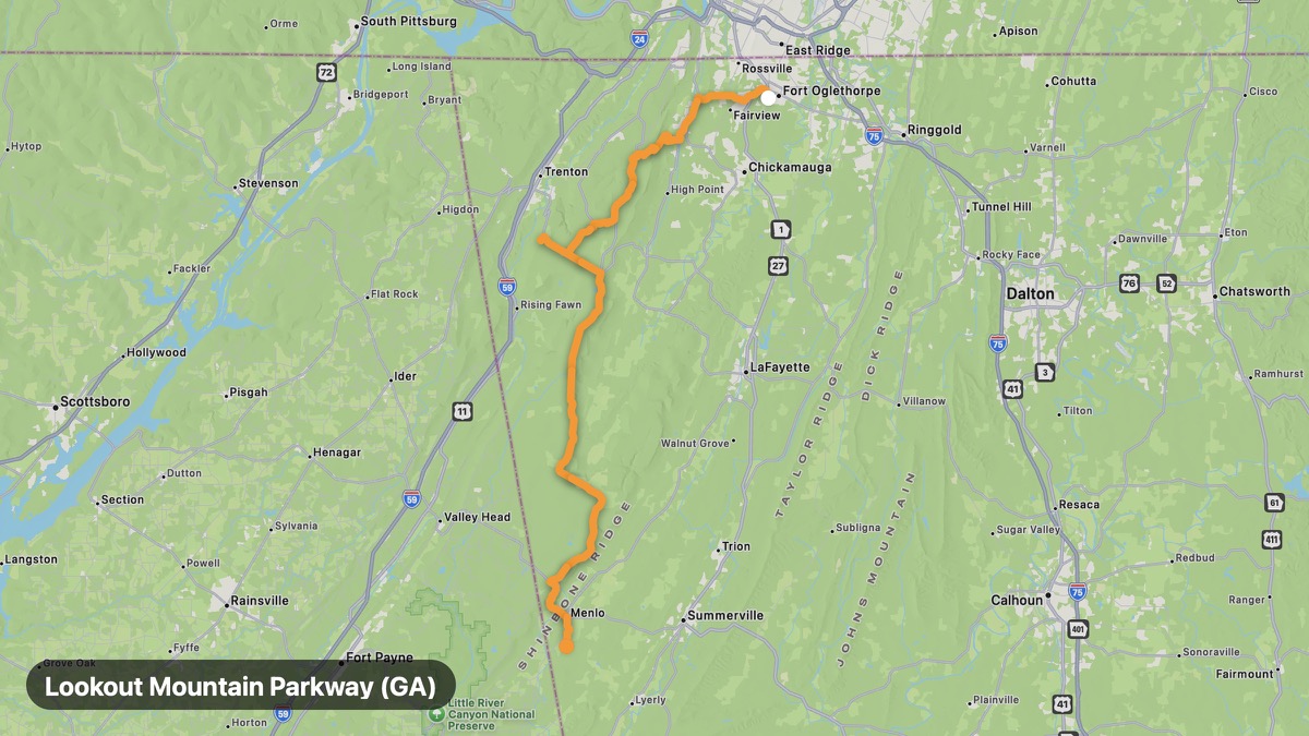 Карта на мото маршрута Lookout Mountain Parkway (GA)