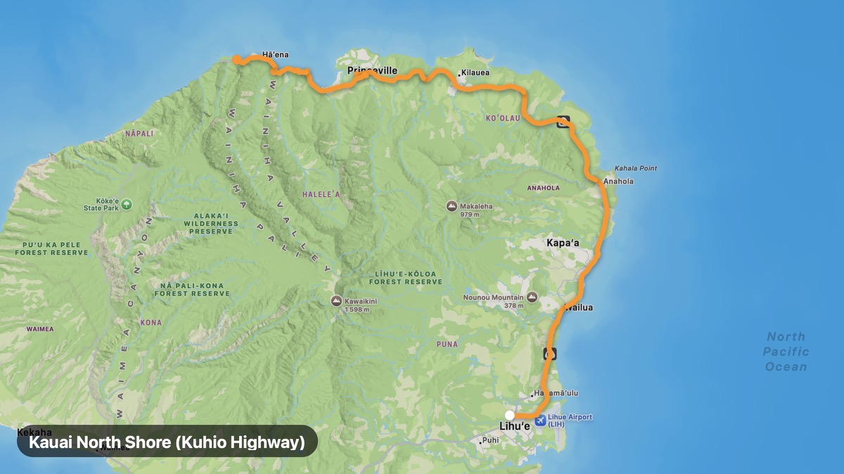 Карта на мото маршрута Kauai North Shore (Kuhio Highway)