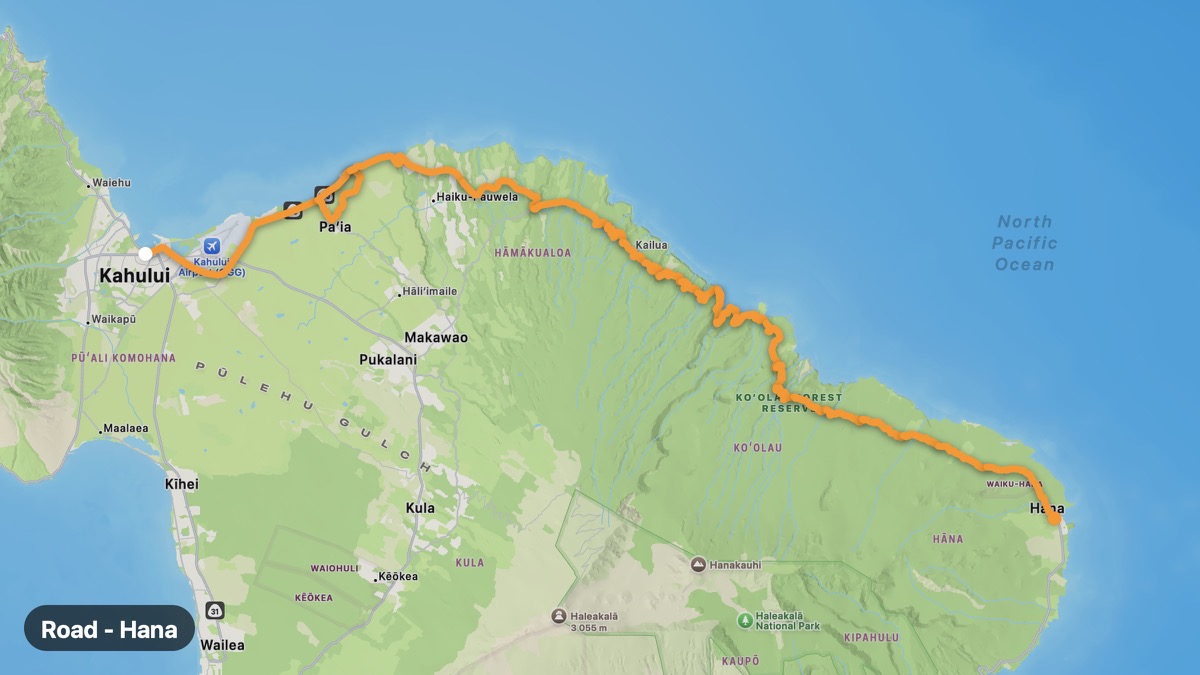 Map of the Road to Hana motorcycle route