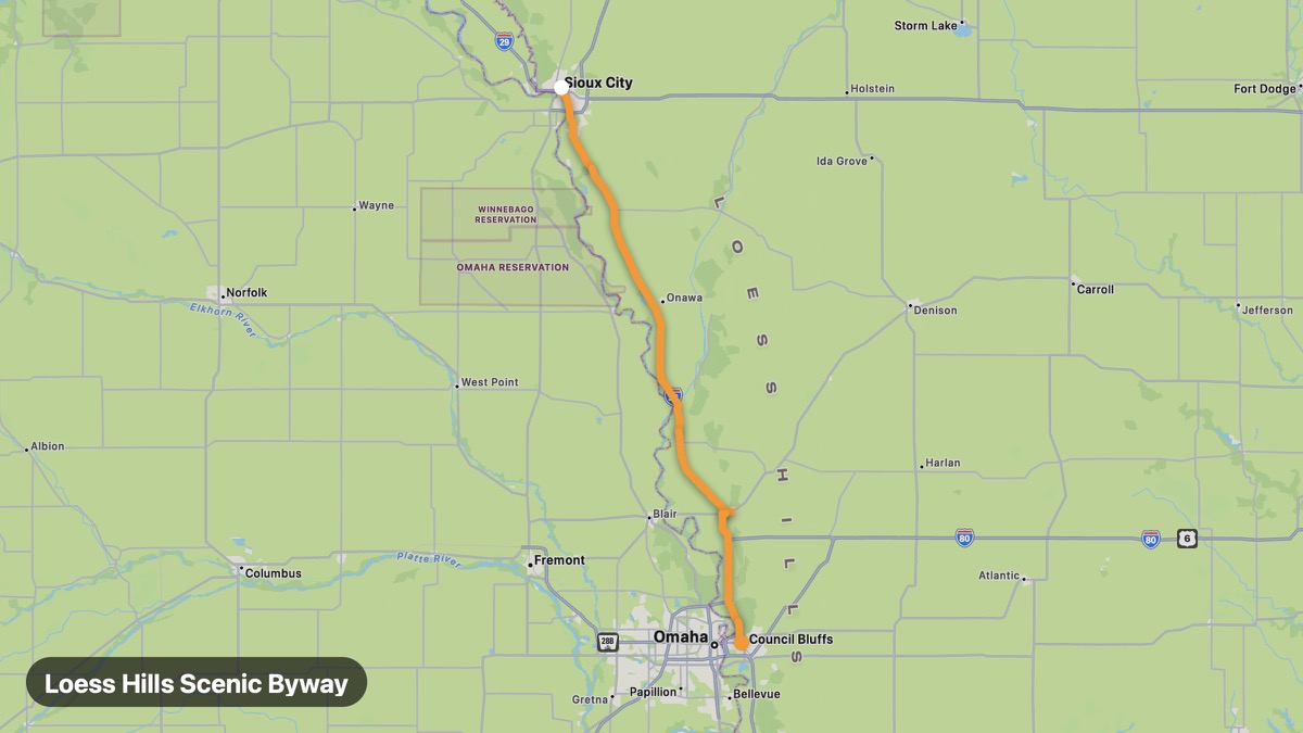 Карта на мото маршрута Loess Hills Scenic Byway