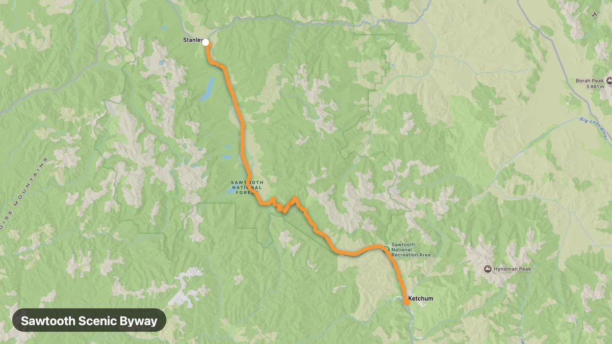 Map of the Sawtooth Scenic Byway motorcycle route