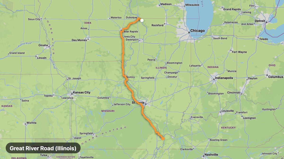 Карта на мото маршрута Great River Road (Illinois)