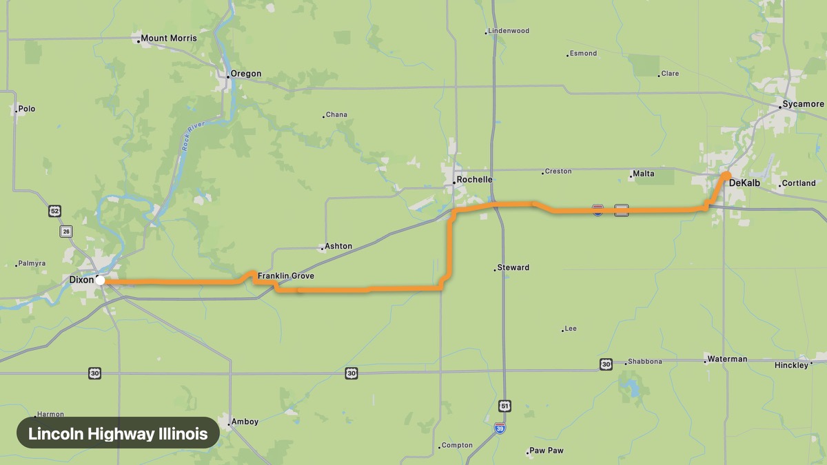 Map of the Lincoln Highway Illinois motorcycle route