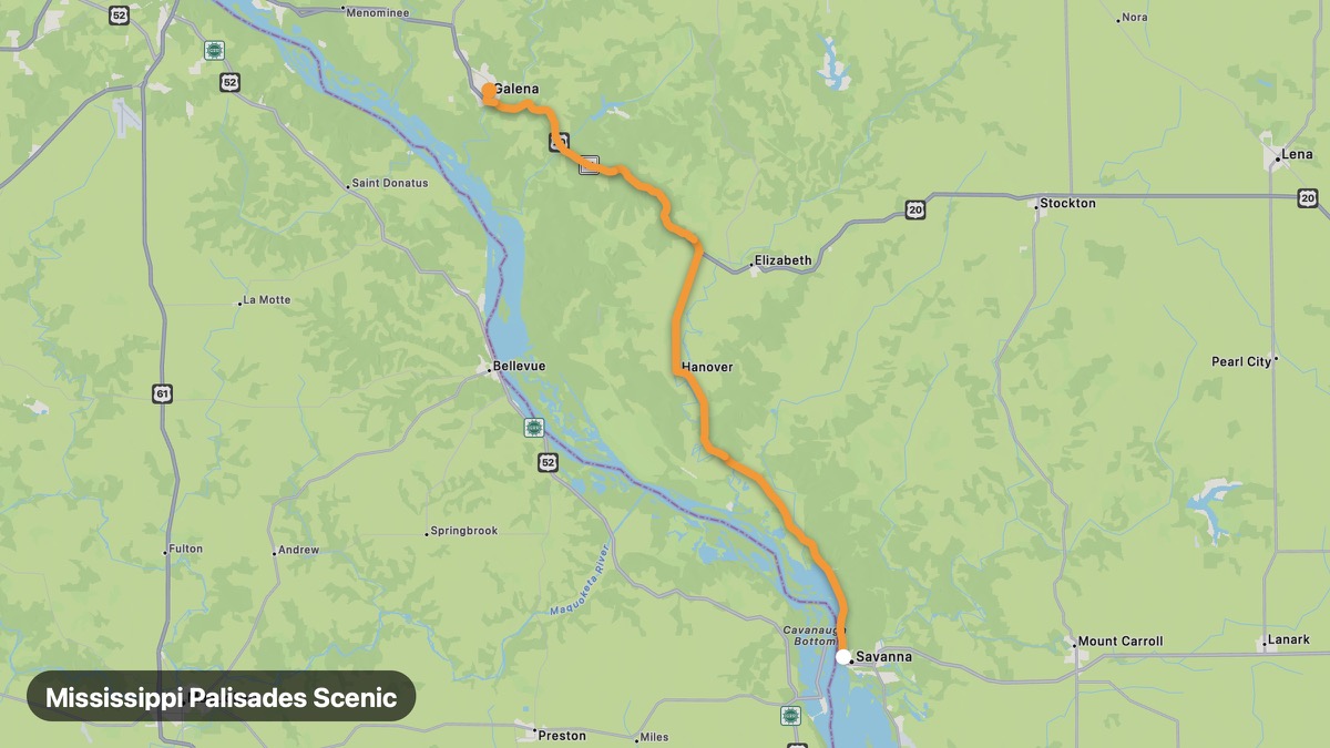 Map of the Mississippi Palisades Scenic motorcycle route
