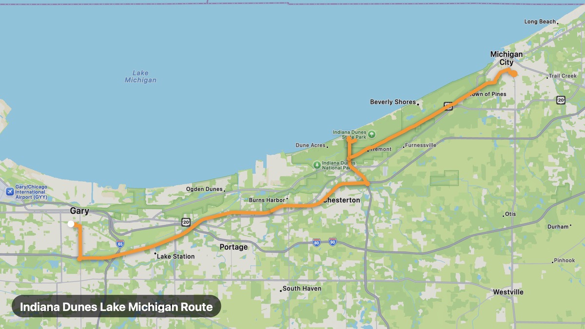 Карта на мото маршрута Indiana Dunes Lake Michigan Route