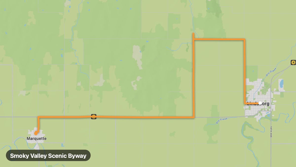 Map of the Smoky Valley Scenic Byway motorcycle route